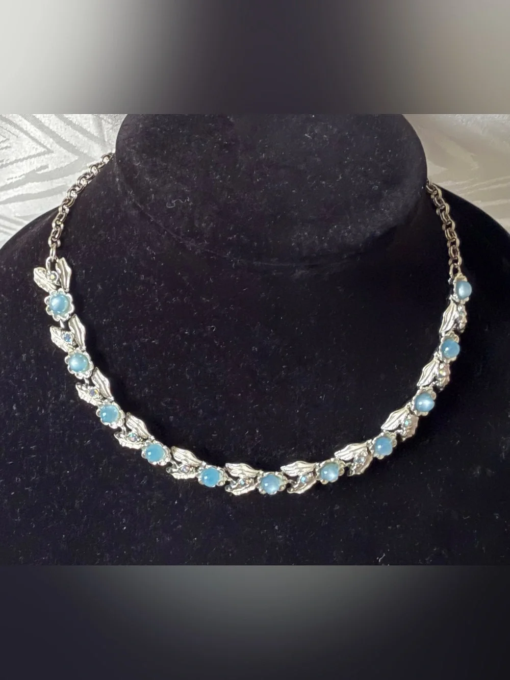 Vintage Judy Lee Choker Necklace Silver Tone Blue Moonstone And Rhinestone